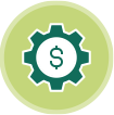 Icon of a cog wheel with a dollar sign in the middle denoting support while navigating insurance system.