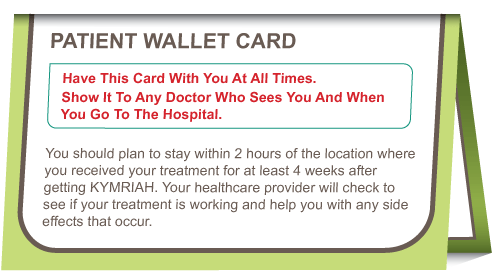 An image of the KYMRIAH Risk Evaluation and Mitigation Strategy (REMS) program patient wallet card